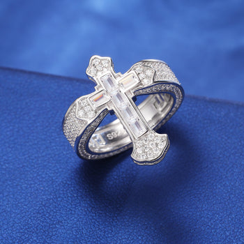 IE9250034 BAGUETTE MOISSANITE CROSS RING IN STERLING SILVER