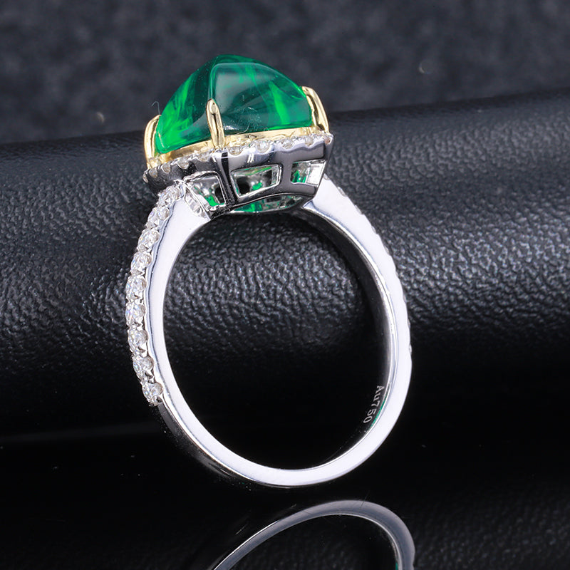 SUGAR LOAF SHAPE LAB GROWN EMERALD AND MOISSANITE RING IN 9K SOLID GOLD