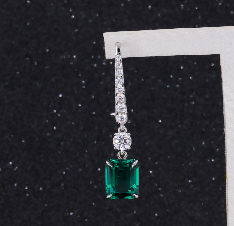 LAB GROWN EMERALD WITH MOISSANITE DROP DANGLE EARRINGS IN 14K GOLD