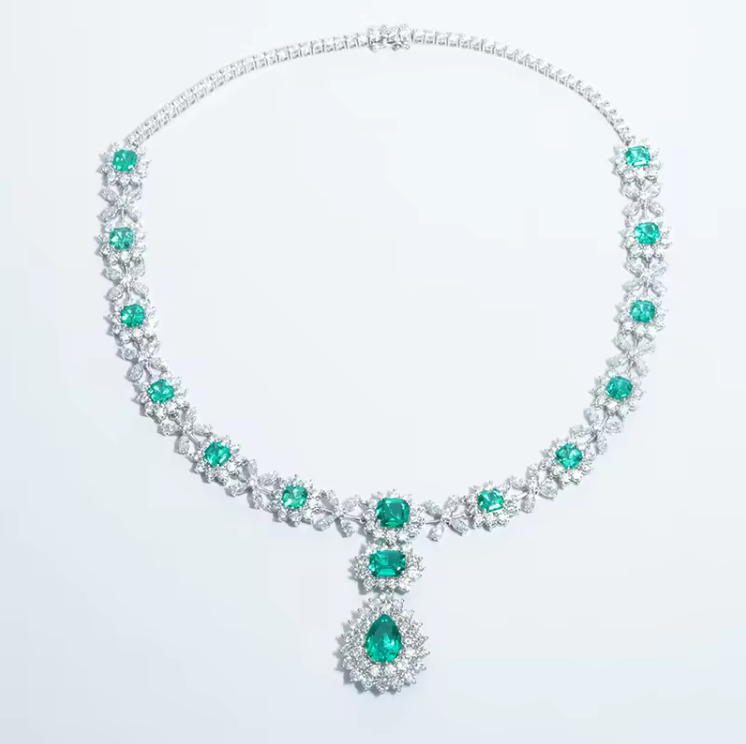 LAB GROWN GREEN EMERALD GEMSTONE AND MOISSANITE DIAMOND NECKLACE IN 14K GOLD