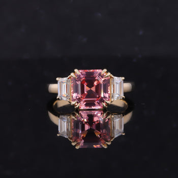 THREE STONE LAB GROWN PADPARADSCHA PINK SAPPHIRE RING IN 10K SOLID GOLD