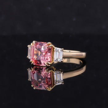 THREE STONE LAB GROWN PADPARADSCHA PINK SAPPHIRE RING IN 10K SOLID GOLD