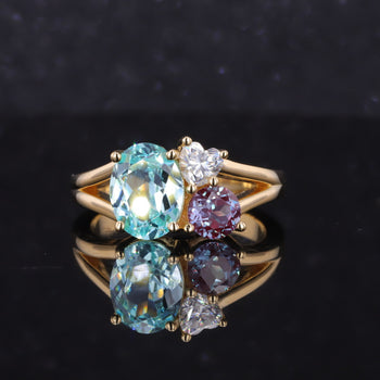LAB GROWN PARAIBA, ALEXANDRITE AND MOISSANITE DIAMOND RING IN 18K GOLD
