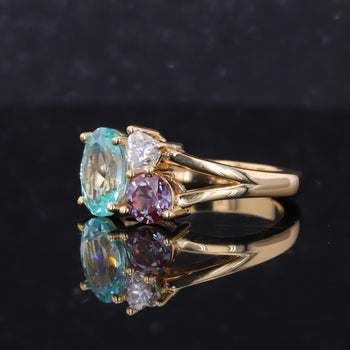 LAB GROWN PARAIBA, ALEXANDRITE AND MOISSANITE DIAMOND RING IN 18K GOLD