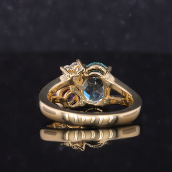 LAB GROWN PARAIBA, ALEXANDRITE AND MOISSANITE DIAMOND RING IN 18K GOLD