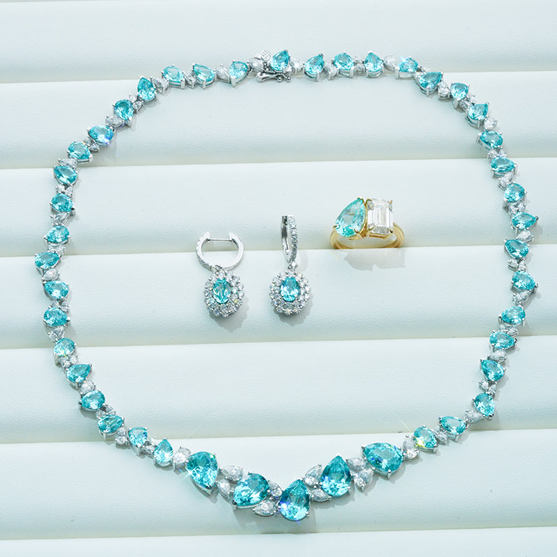 LAB GROWN PARAIBA GEMSTONE AND MOISSANITE JEWELRY SET WITH NECKLACE EARRINGS RING IN 14K WHITE GOLD