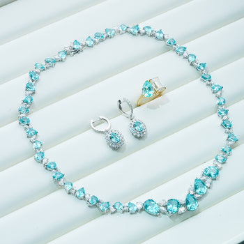 LAB GROWN PARAIBA GEMSTONE AND MOISSANITE JEWELRY SET WITH NECKLACE EARRINGS RING IN 14K WHITE GOLD