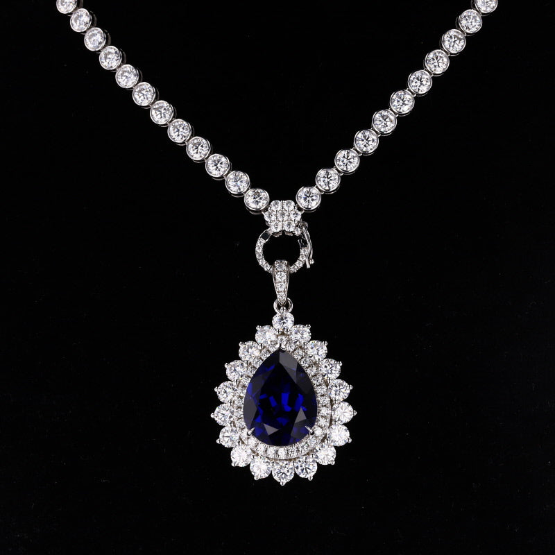 LAB GROWN ROYAL BLUE SAPPHIRE AND MOISSANITE PENDANT TENNIS CHAIN NECKLACE IN 9K SOLID GOLD