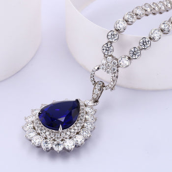 LAB GROWN ROYAL BLUE SAPPHIRE AND MOISSANITE PENDANT TENNIS CHAIN NECKLACE IN 9K SOLID GOLD