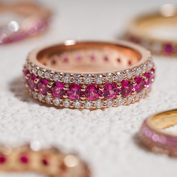 LAB GROWN RUBY GEMSTONE PINK ETERNITY BAND RING IN 14K GOLD