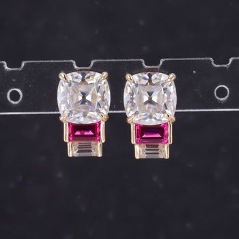 LAB GROWN RUBY WITH MOISSANITE DIAMOND STUD EARRINGS IN 9K SOLID GOLD