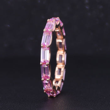 EMERALD CUT LAB GROWN SAKURA PINK SAPPHIRE GEMSTONES RING IN 14K ROSE GOLD