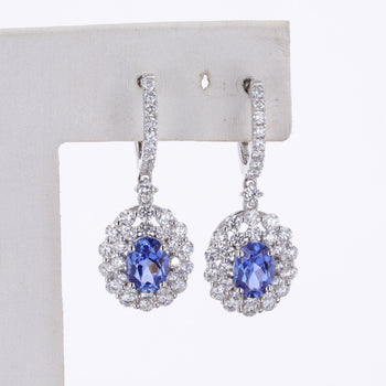 LAB GROWN SAPPHIRE WITH MOISSANITE HALO DANGLE DROP EARRINGS IN 14K GOLD