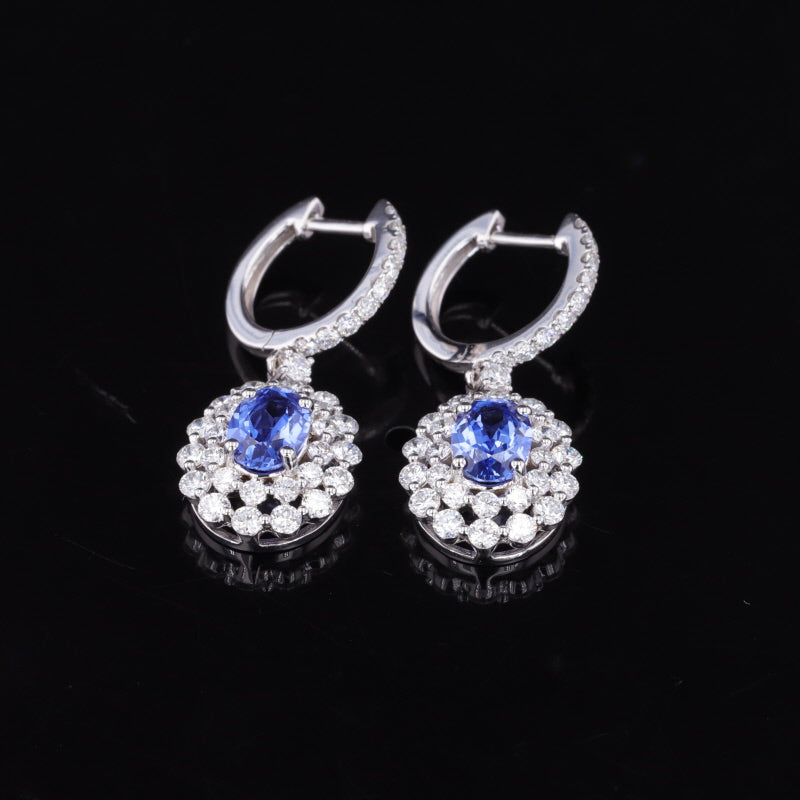LAB GROWN SAPPHIRE WITH MOISSANITE HALO DANGLE EARRINGS IN 14K GOLD