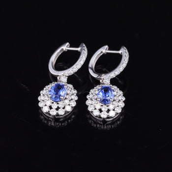 LAB GROWN SAPPHIRE WITH MOISSANITE HALO DANGLE DROP EARRINGS IN 14K GOLD