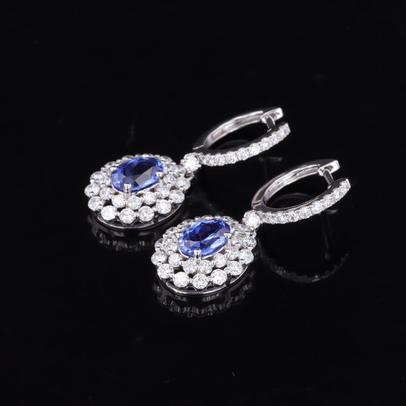 LAB GROWN SAPPHIRE WITH MOISSANITE HALO DANGLE EARRINGS IN 14K GOLD