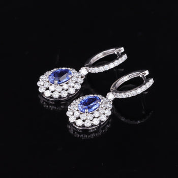 LAB GROWN SAPPHIRE WITH MOISSANITE HALO DANGLE DROP EARRINGS IN 14K GOLD