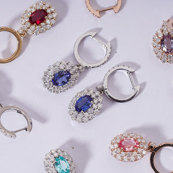 LAB GROWN SAPPHIRE WITH MOISSANITE HALO DANGLE DROP EARRINGS IN 14K GOLD