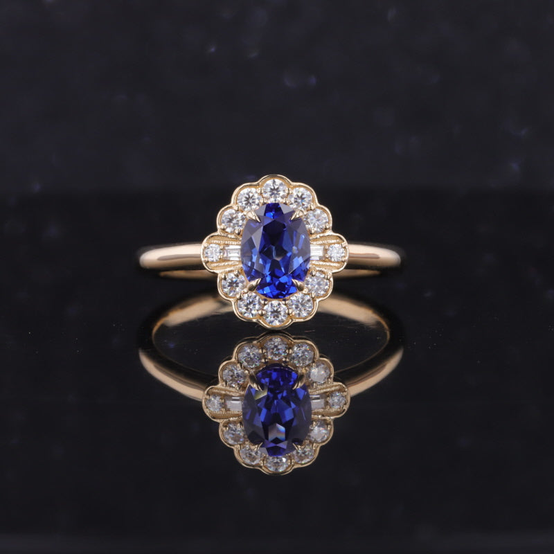 LAB GROWN SAPPHIRE WITH MOISSANITE HALO RING IN 9K/10K/14K/18K SOLID GOLD
