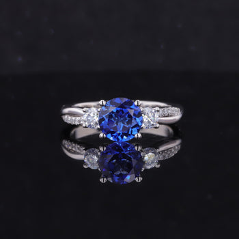 ROUND CUT LAB GROWN SAPPHIRE ROYAL BLUE RING IN 14K SOLID GOLD