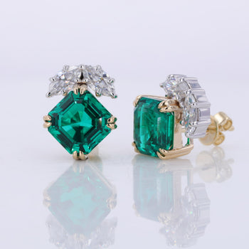 ASSCHER CUT LAB EMERALD WITH MARQUISE CUT MOISSANITE STUD EARRING IN 10K SOLID GOLD