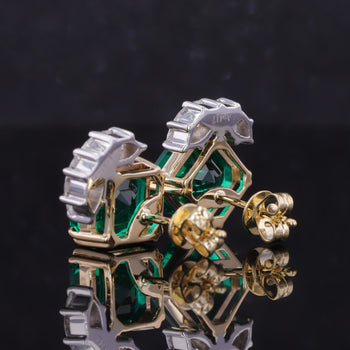 ASSCHER CUT LAB EMERALD WITH MARQUISE CUT MOISSANITE STUD EARRING IN 10K SOLID GOLD