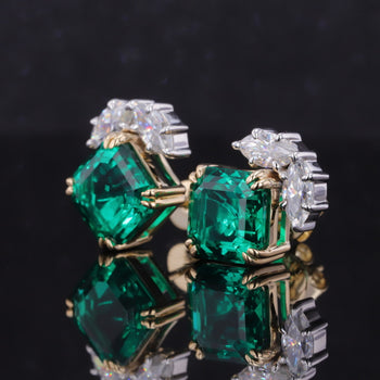 ASSCHER CUT LAB EMERALD WITH MARQUISE CUT MOISSANITE STUD EARRING IN 10K SOLID GOLD