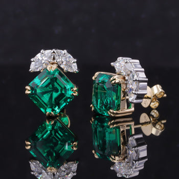 ASSCHER CUT LAB EMERALD WITH MARQUISE CUT MOISSANITE STUD EARRING IN 10K SOLID GOLD