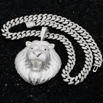 MICRO PAVED MOISSANITE DIAMOND ICED OUT LION HEAD PENDANT IN STERLING SILVER - IVORY & EBONY