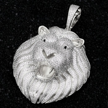 MICRO PAVED MOISSANITE DIAMOND ICED OUT LION HEAD PENDANT IN STERLING SILVER - IVORY & EBONY