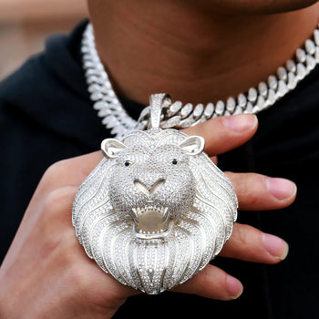 MICRO PAVED MOISSANITE DIAMOND ICED OUT LION HEAD PENDANT IN STERLING SILVER - IVORY & EBONY