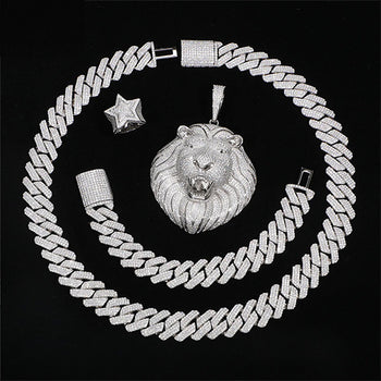 MICRO PAVED MOISSANITE DIAMOND ICED OUT LION HEAD PENDANT IN STERLING SILVER - IVORY & EBONY