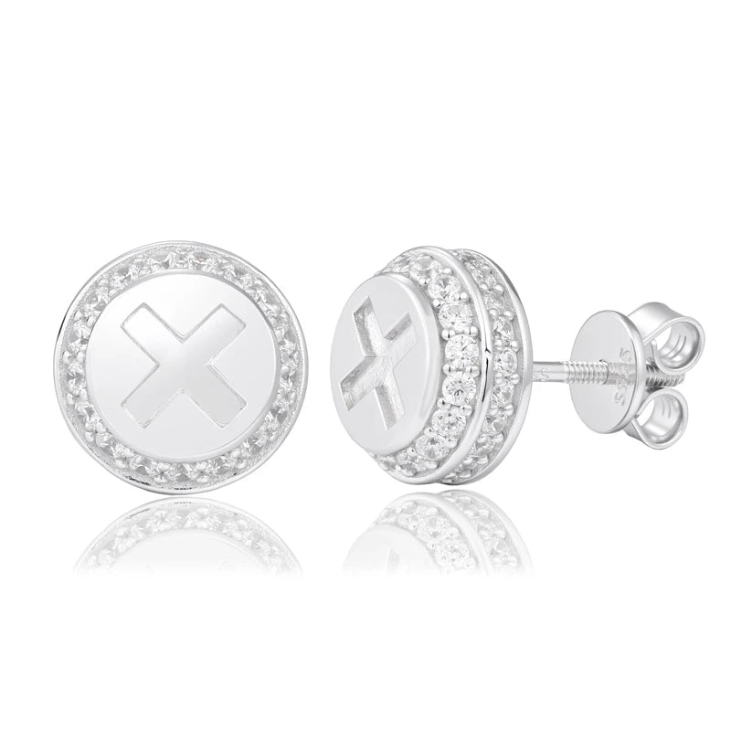 Silver earrings with a logo on a white background