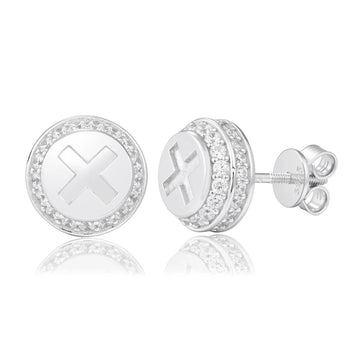 Silver earrings with a logo on a white background