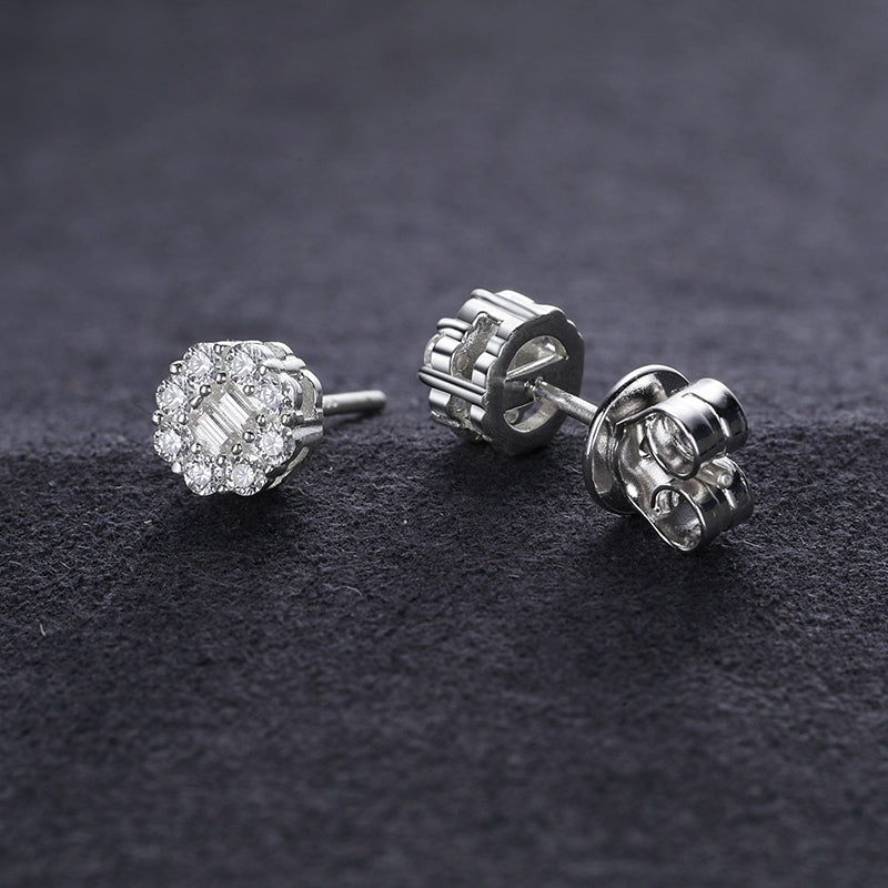 MOISSANITE BAGUETTE FLOWER STUD EARRINGS IN STERLING SILVER