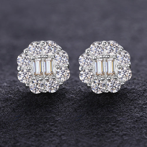 MOISSANITE BAGUETTE FLOWER STUD EARRINGS IN STERLING SILVER