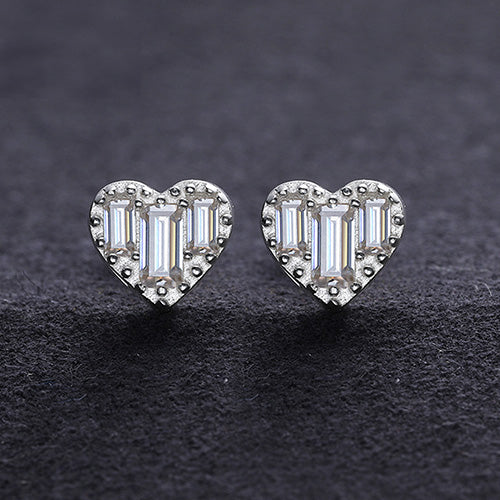 MOISSANITE BAGUETTE HEART STUD EARRINGS IN STERLING SILVER