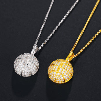 COLLIER PENDENTIF BALLON DE BASKET-BALL EN MOISANITE ET ARGENT MASSIF