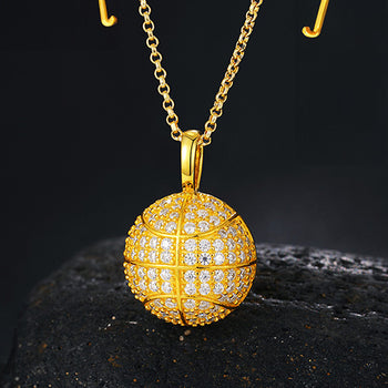 COLLIER PENDENTIF BALLON DE BASKET-BALL EN MOISANITE ET ARGENT MASSIF