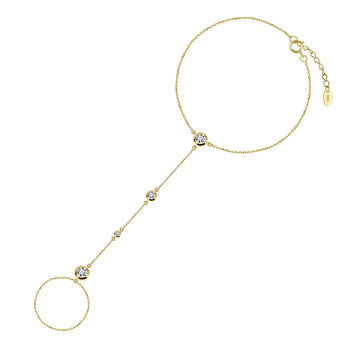 Gold necklace with circular pendants on a white background.