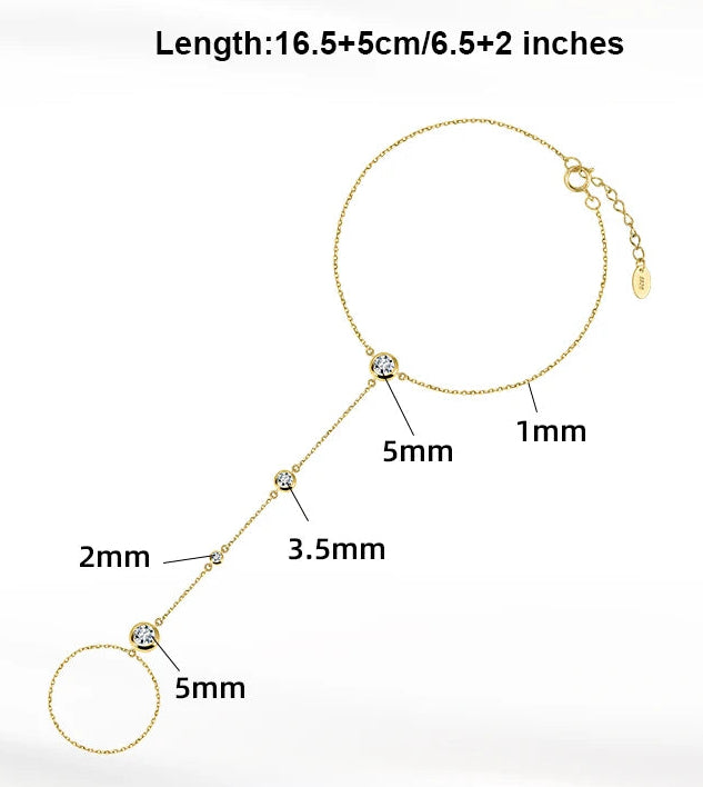 Gold bracelet with measurements and product details on a white background