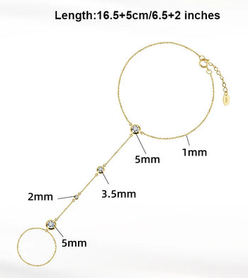Gold bracelet with measurements and product details on a white background