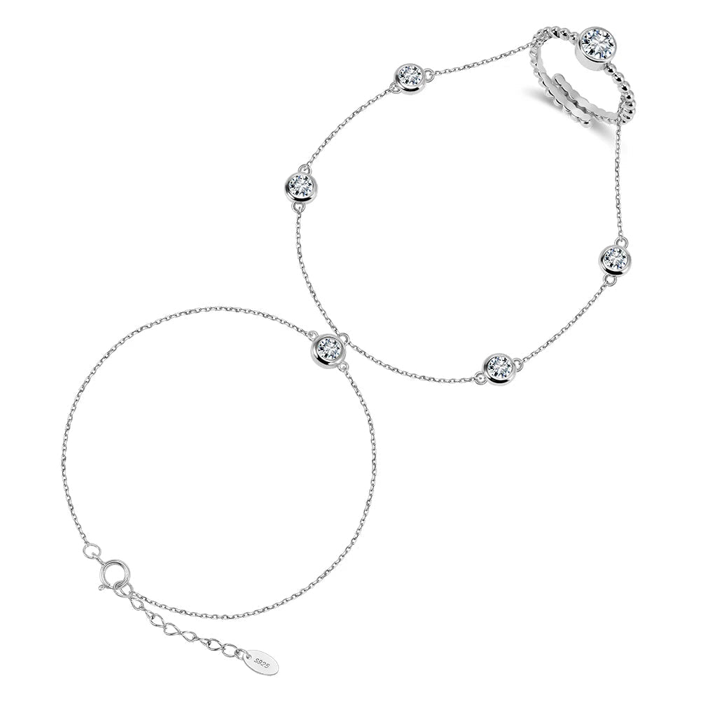Silver bracelet and ring set with 'Real Sterling Silver 925' stamp on a white background