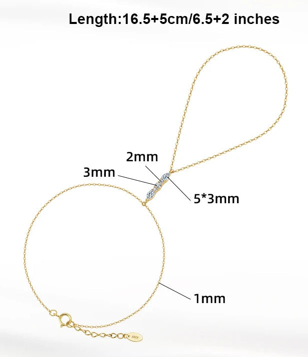 Gold necklace with measurements and product details on a white background