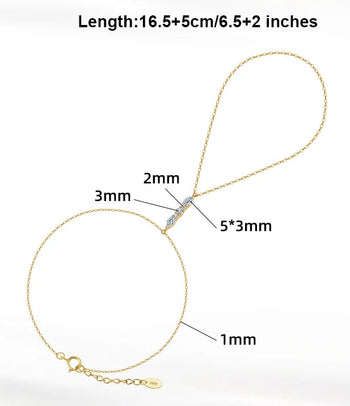 Gold necklace with measurements and product details on a white background