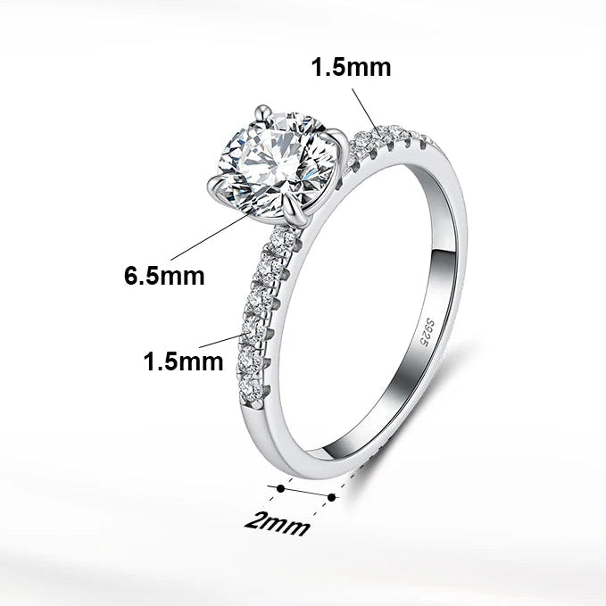 Silver ring with diamond-like stone, measurements, and product details on a white background