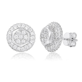 Silver earrings with clear gemstones on a white background