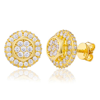 Gold earrings with clear gemstones on a white background