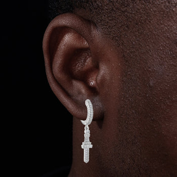 MOISSANITE CROSS DROP HOOP EARRINGS IN STERLING SILVER