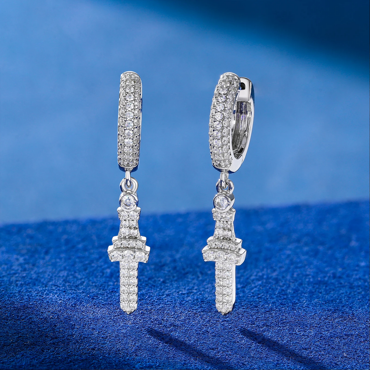 MOISSANITE CROSS DROP HOOP EARRINGS IN STERLING SILVER